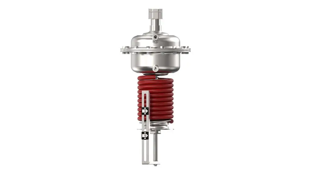 Danfoss Überströmregler mit Metallgehäuse und roter Druckfeder. Vertikale Bauform, geeignet für DN65-125 Anwendungen.